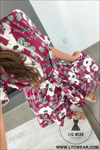 Red Floral Print Trimmed Short Puff Sleeve Mini Dress with Belt