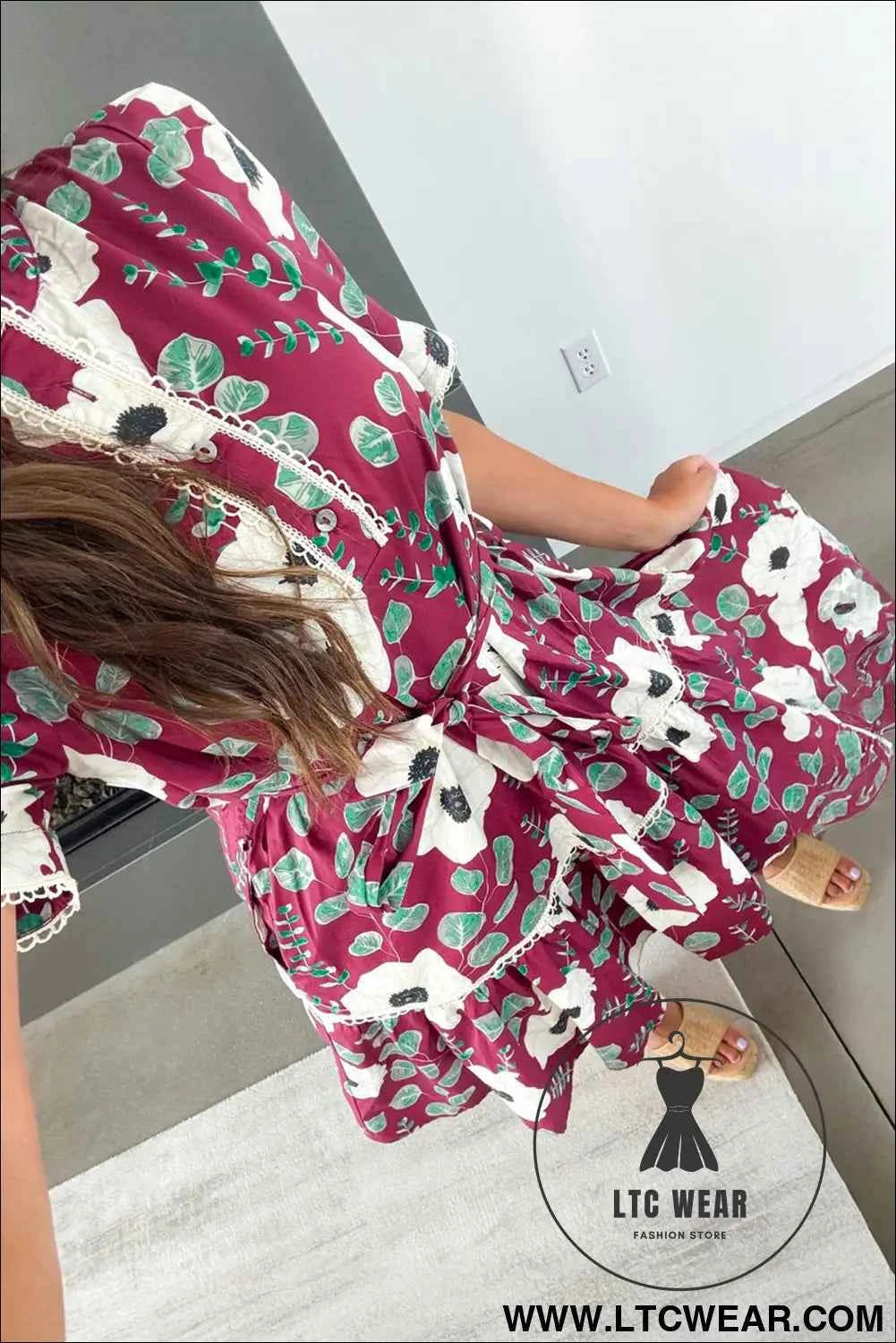 Red Floral Print Trimmed Short Puff Sleeve Mini Dress with Belt
