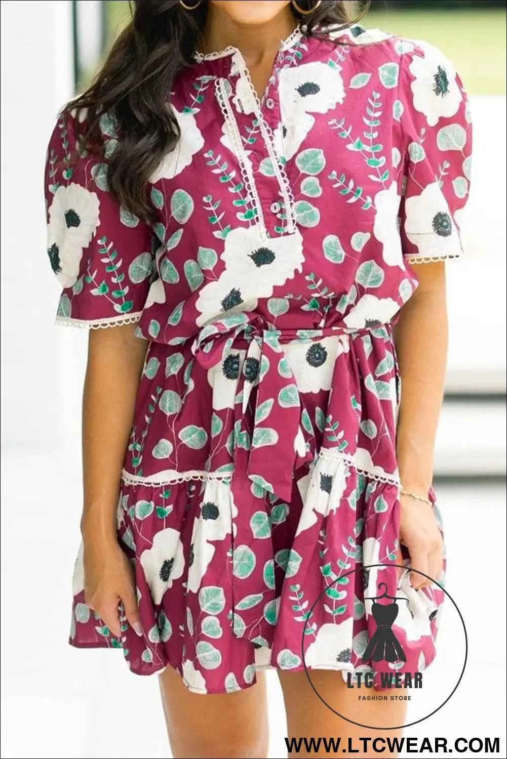 Red Floral Print Trimmed Short Puff Sleeve Mini Dress with Belt
