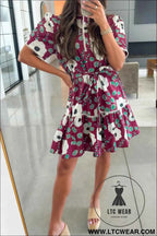 Red Floral Print Trimmed Short Puff Sleeve Mini Dress with Belt