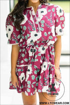 Red Floral Print Trimmed Short Puff Sleeve Mini Dress with Belt