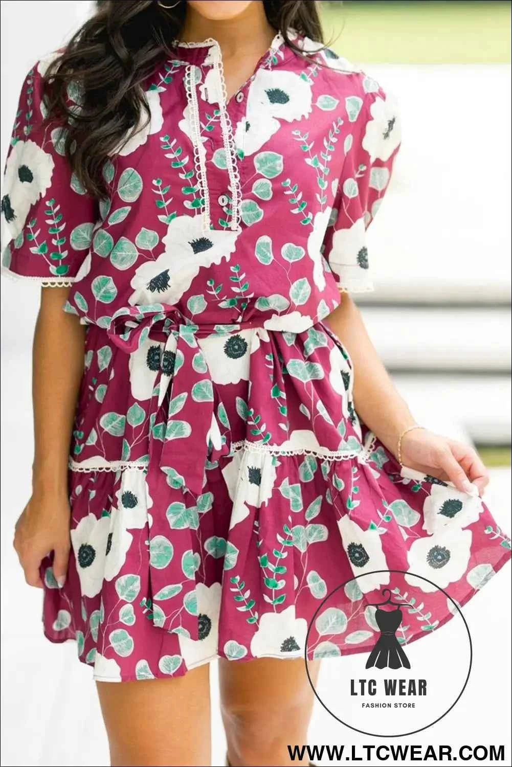 Red Floral Print Trimmed Short Puff Sleeve Mini Dress with Belt
