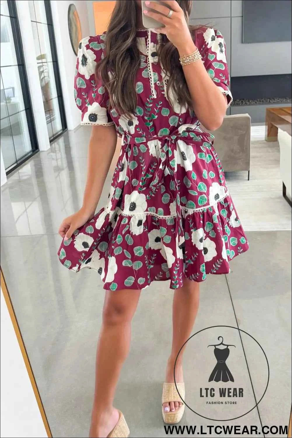Red Floral Print Trimmed Short Puff Sleeve Mini Dress with Belt