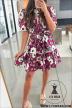 Red Floral Print Trimmed Short Puff Sleeve Mini Dress with Belt