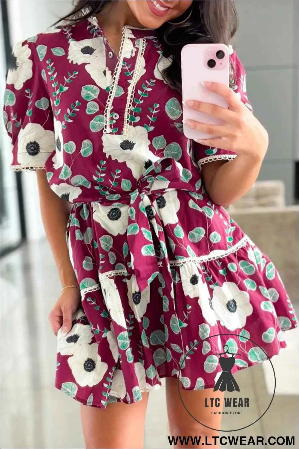 Red Floral Print Trimmed Short Puff Sleeve Mini Dress with Belt