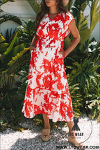 Red Floral Print Trimmed V Neck Ruffle Sleeve Long Dress