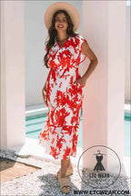 Red Floral Print Trimmed V Neck Ruffle Sleeve Long Dress