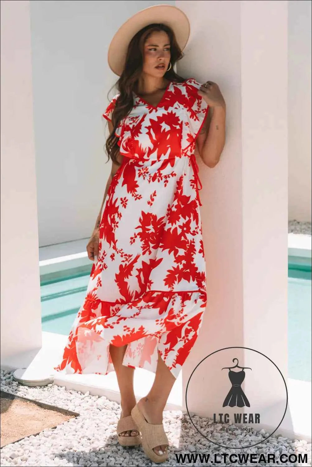 Red Floral Print Trimmed V Neck Ruffle Sleeve Long Dress