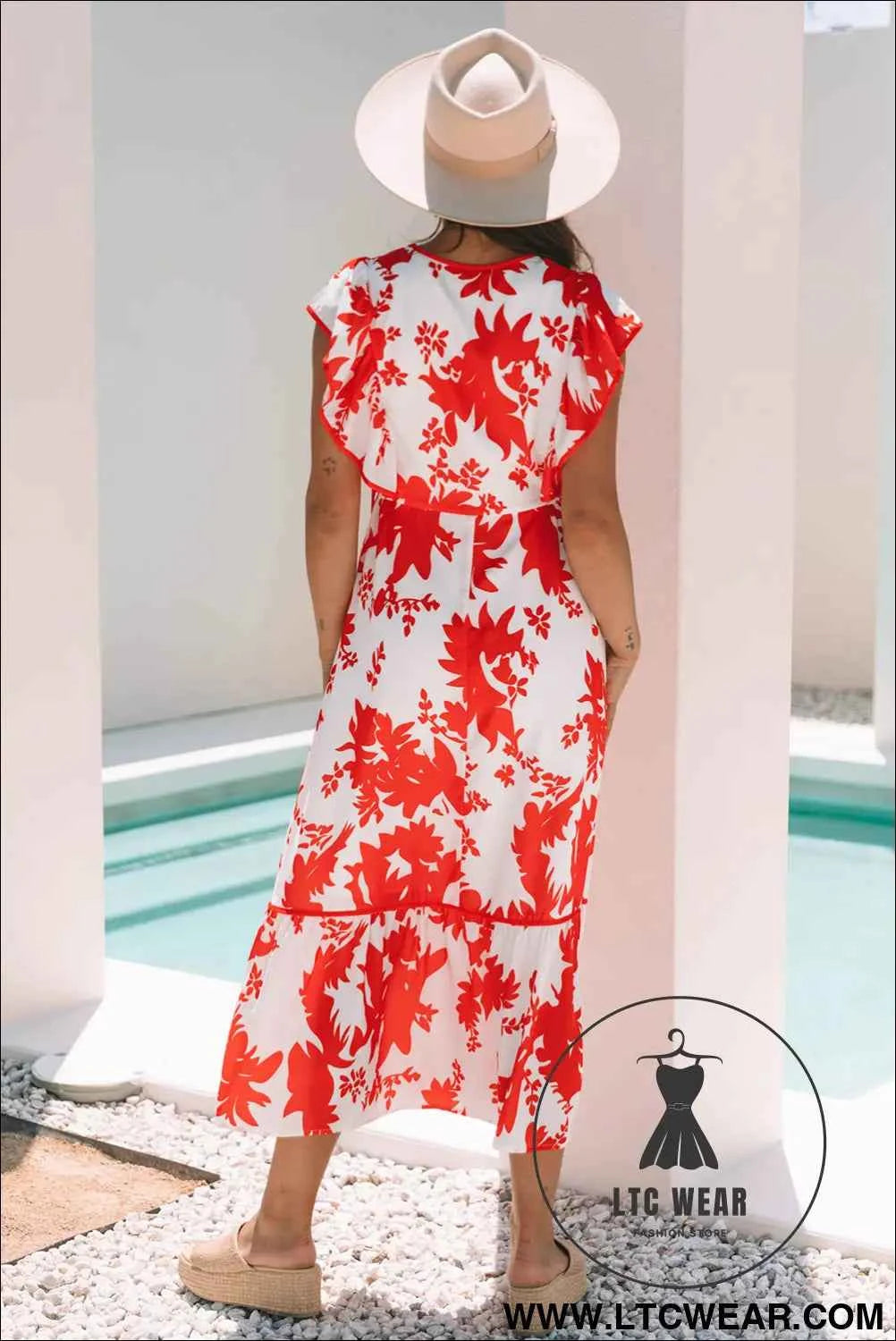 Red Floral Print Trimmed V Neck Ruffle Sleeve Long Dress