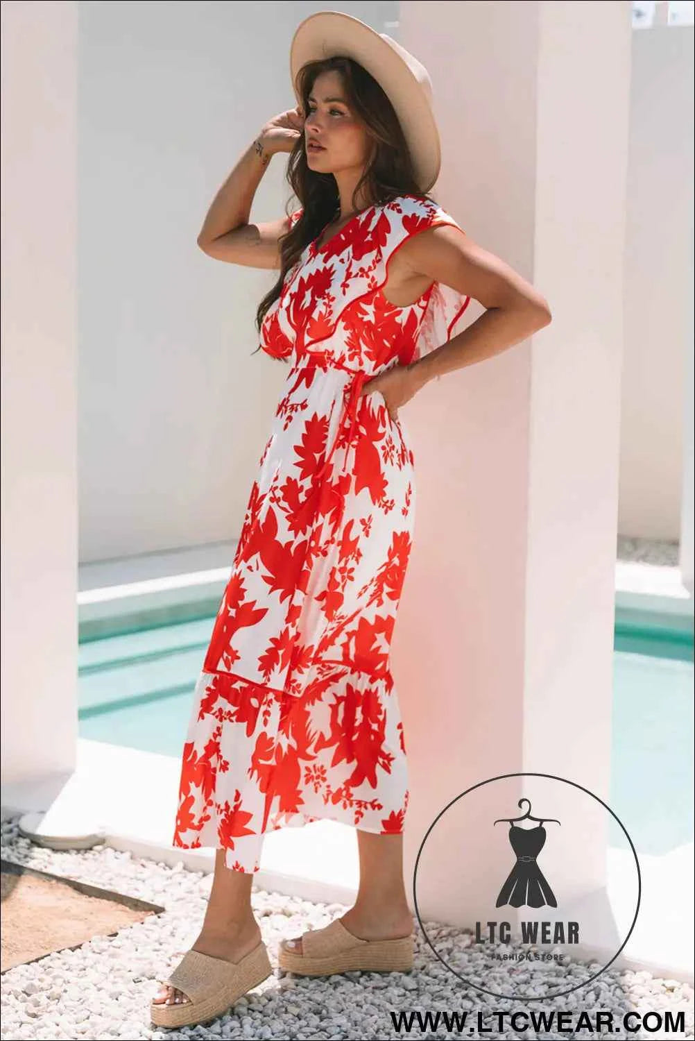 Red Floral Print Trimmed V Neck Ruffle Sleeve Long Dress
