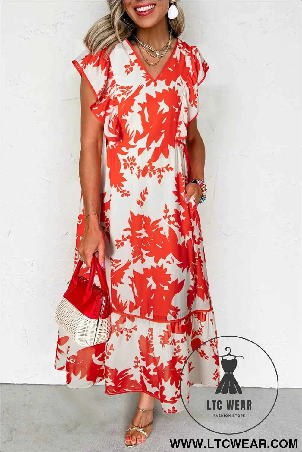 Red Floral Print Trimmed V Neck Ruffle Sleeve Long Dress