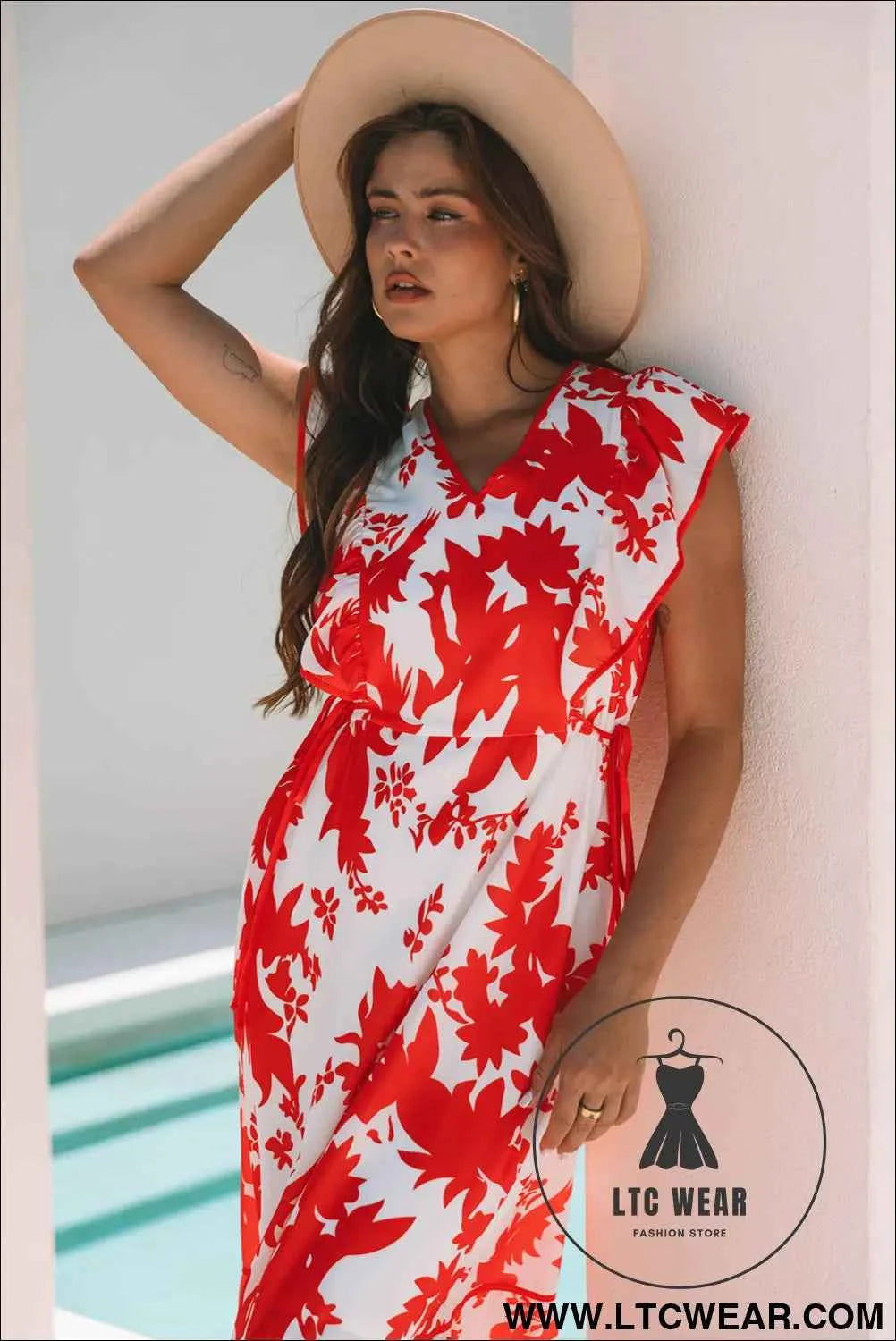 Red Floral Print Trimmed V Neck Ruffle Sleeve Long Dress