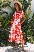 Red Floral Print Trimmed V Neck Ruffle Sleeve Long Dress