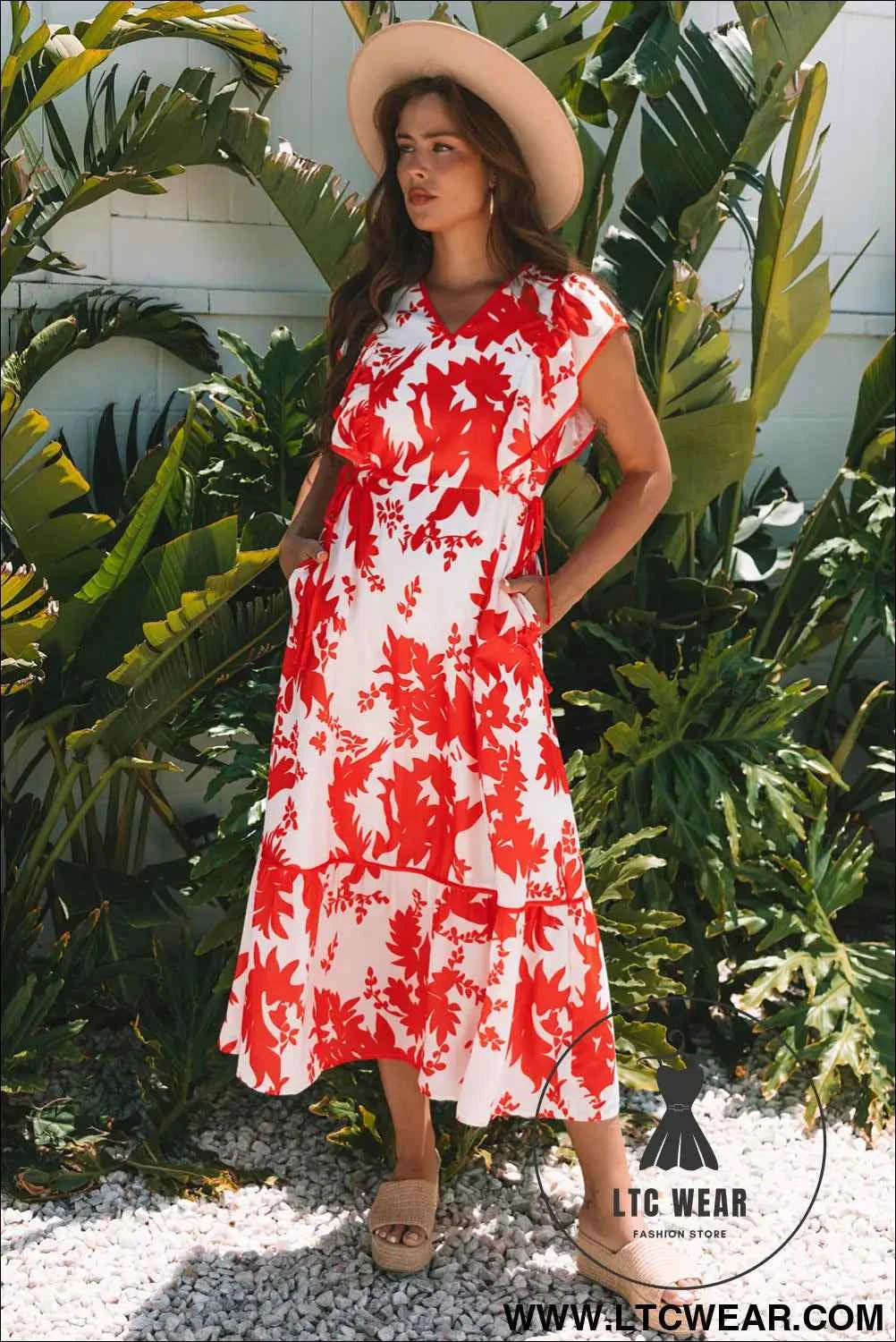 Red Floral Print Trimmed V Neck Ruffle Sleeve Long Dress