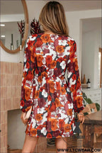 Red Floral Print Wrap V Neck Puff Sleeve Flowy Mini Dress