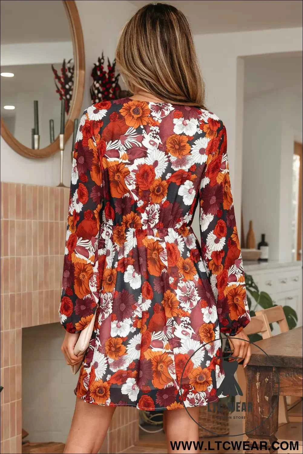 Red Floral Print Wrap V Neck Puff Sleeve Flowy Mini Dress