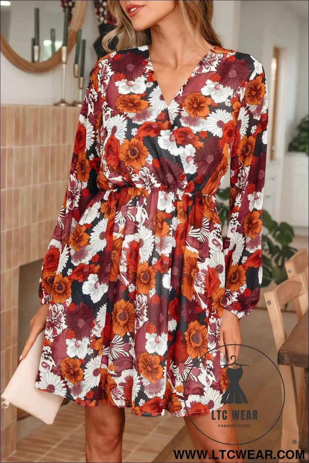 Red Floral Print Wrap V Neck Puff Sleeve Flowy Mini Dress