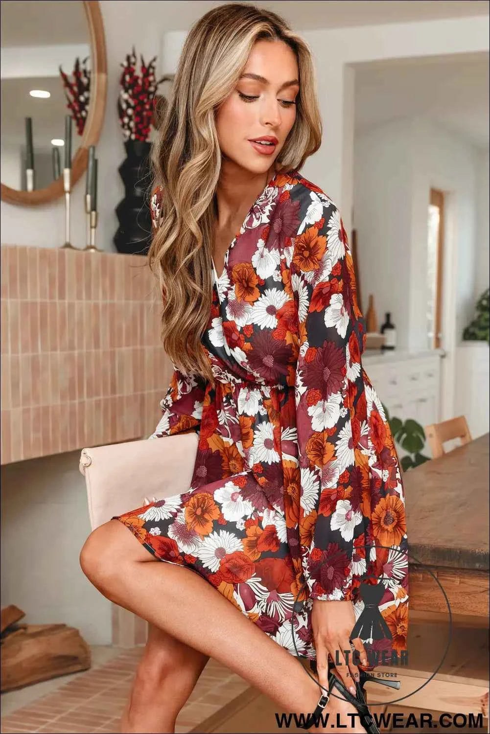 Red Floral Print Wrap V Neck Puff Sleeve Flowy Mini Dress