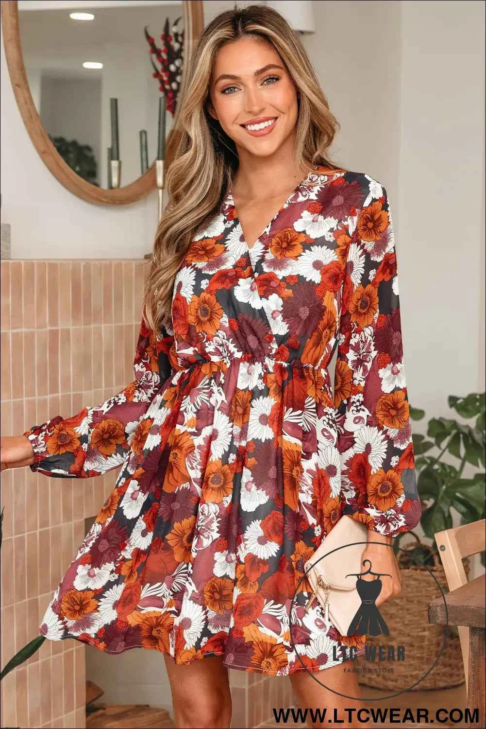 Red Floral Print Wrap V Neck Puff Sleeve Flowy Mini Dress
