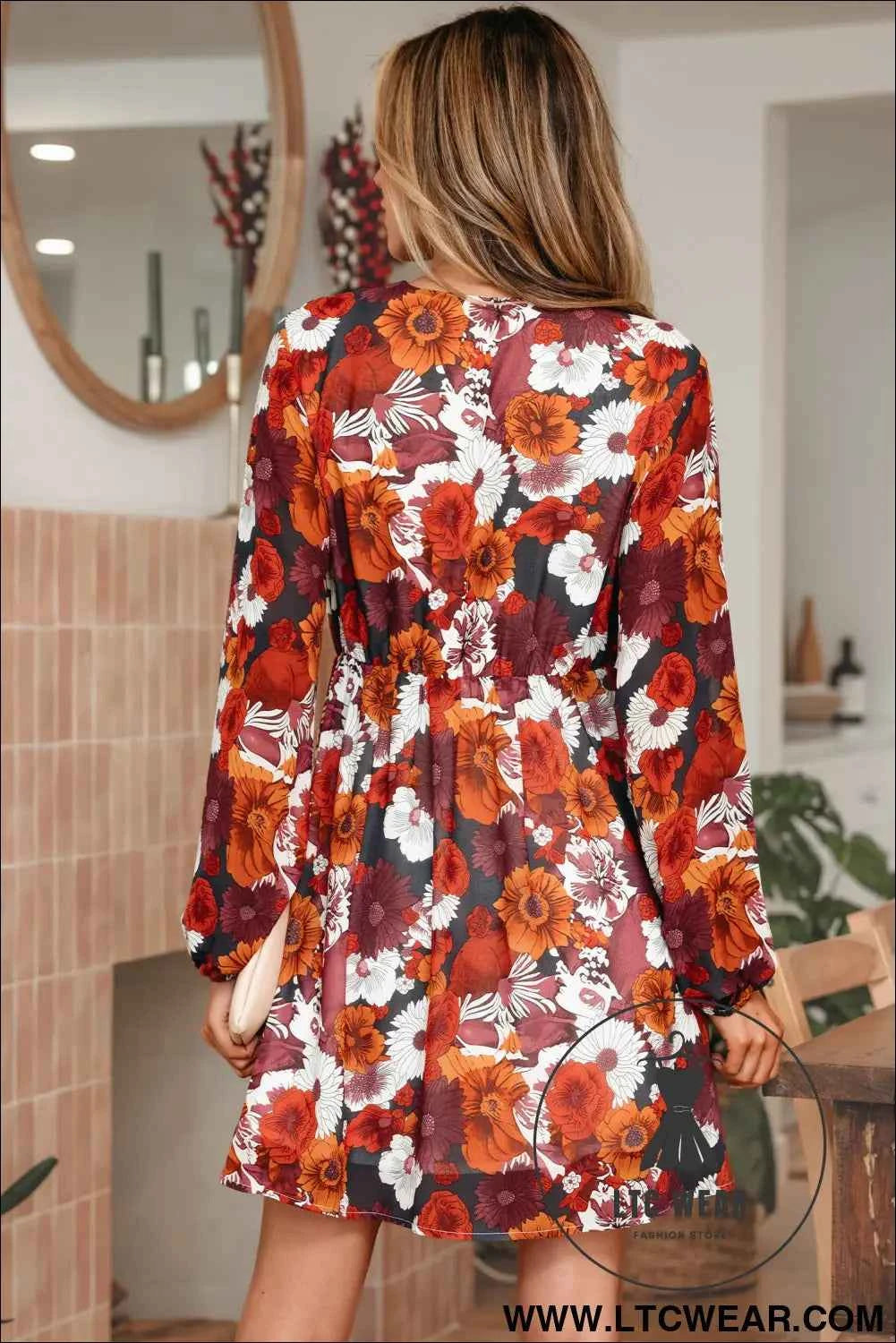 Red Floral Print Wrap V Neck Puff Sleeve Flowy Mini Dress