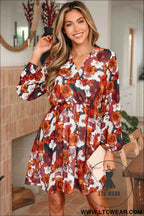 Red Floral Print Wrap V Neck Puff Sleeve Flowy Mini Dress