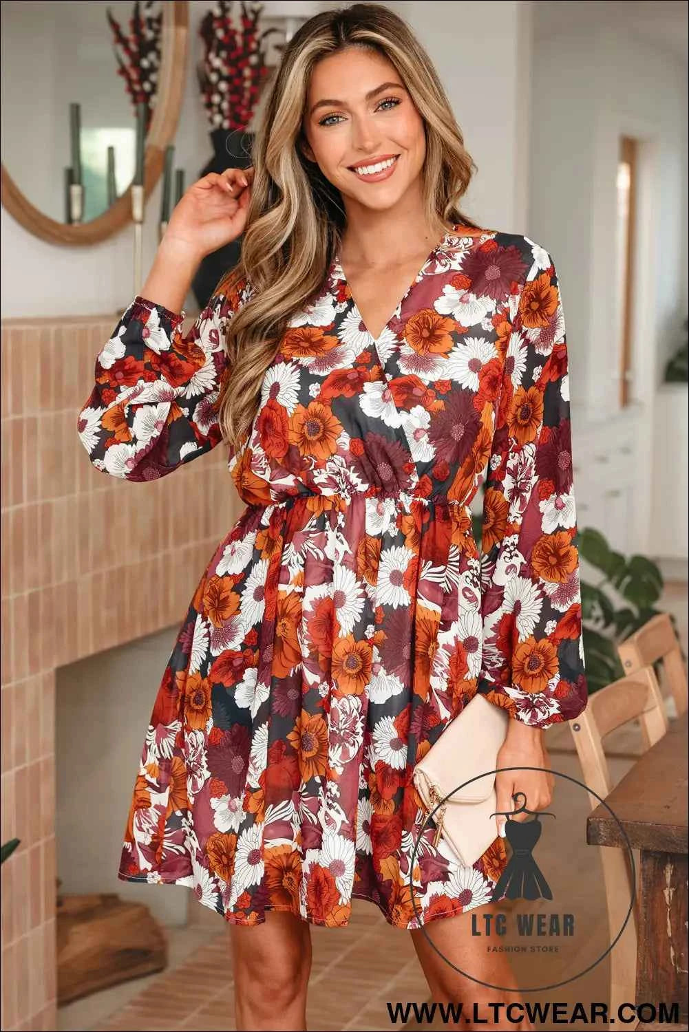 Red Floral Print Wrap V Neck Puff Sleeve Flowy Mini Dress