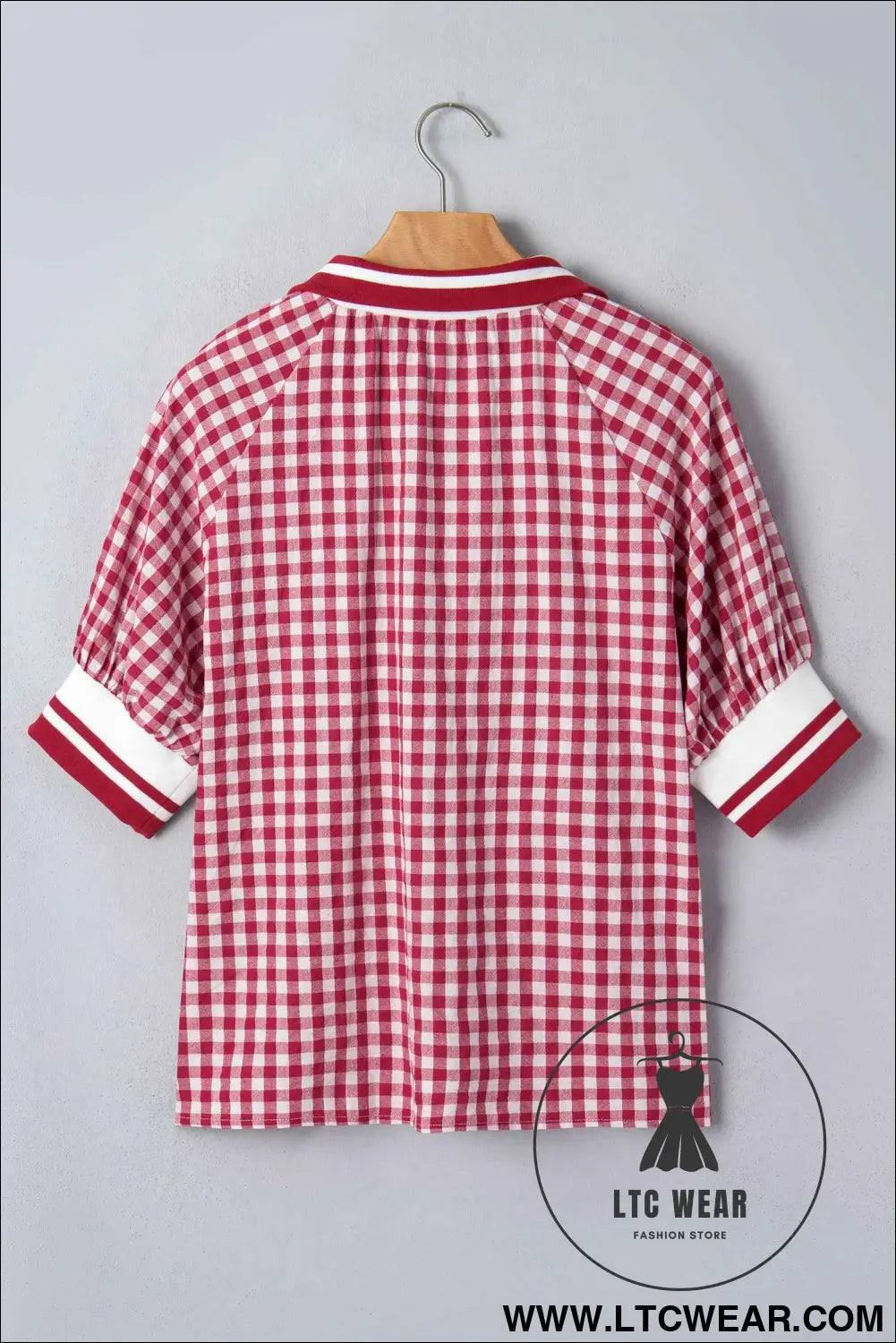 Red Gingham Striped Patchwork Half Zip Blouse