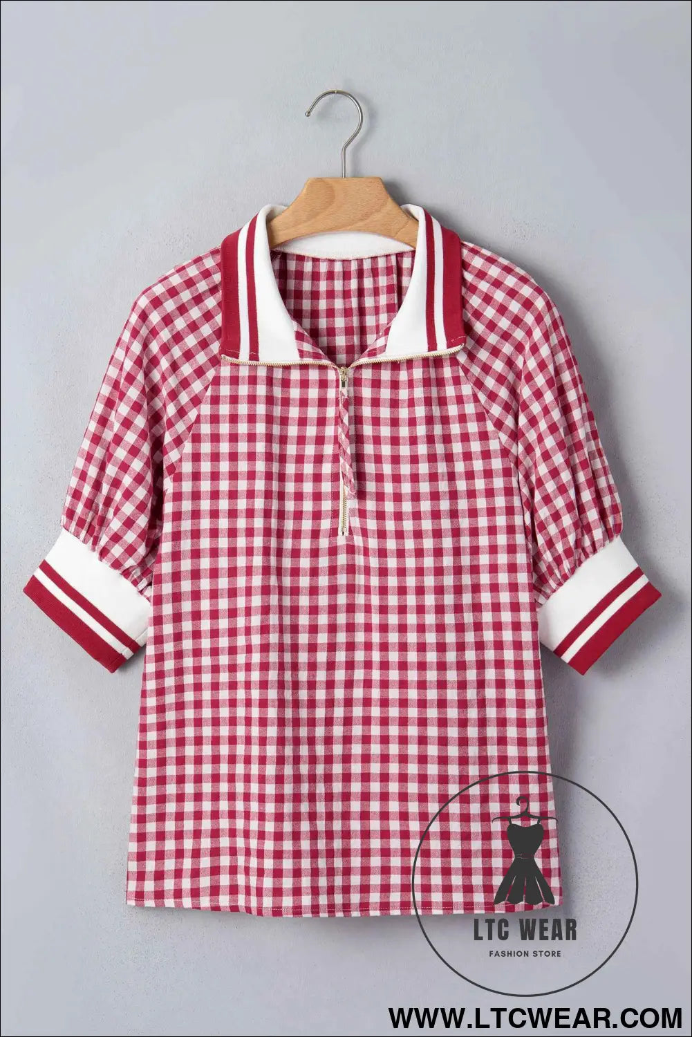 Red Gingham Striped Patchwork Half Zip Blouse