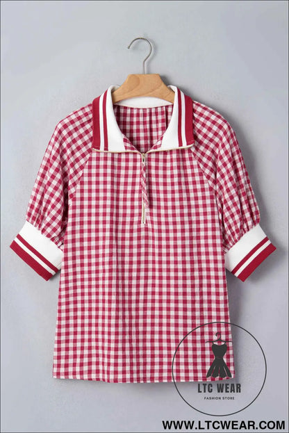 Red Gingham Striped Patchwork Half Zip Blouse