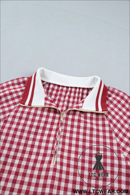 Red Gingham Striped Patchwork Half Zip Blouse - L.T.C Wear Online Fashion Store