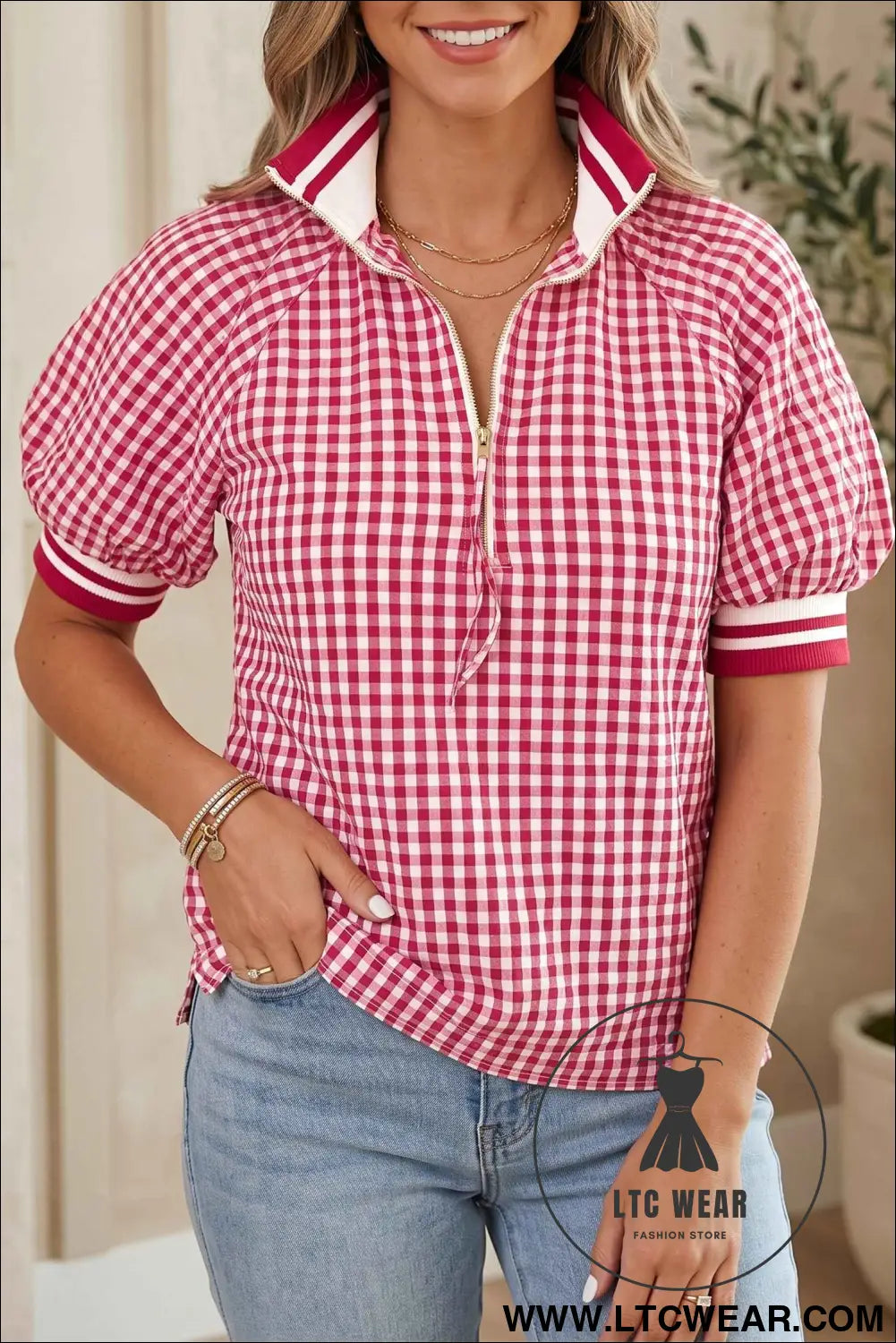 Red Gingham Striped Patchwork Half Zip Blouse