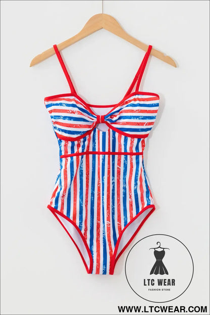 Red July 4th Stripes Star Floral Impression Cutout Spaghetti Straps One Piece Swimsuit - L.T.C Wear Online Fashion Store