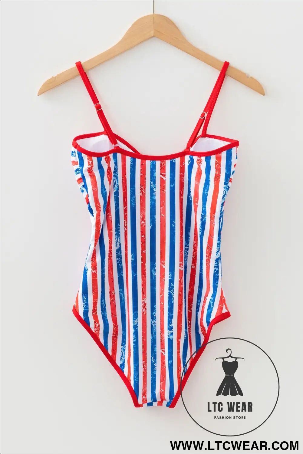 Red July 4th Stripes Star Floral Impression Cutout Spaghetti Straps One Piece Swimsuit - L.T.C Wear Online Fashion Store