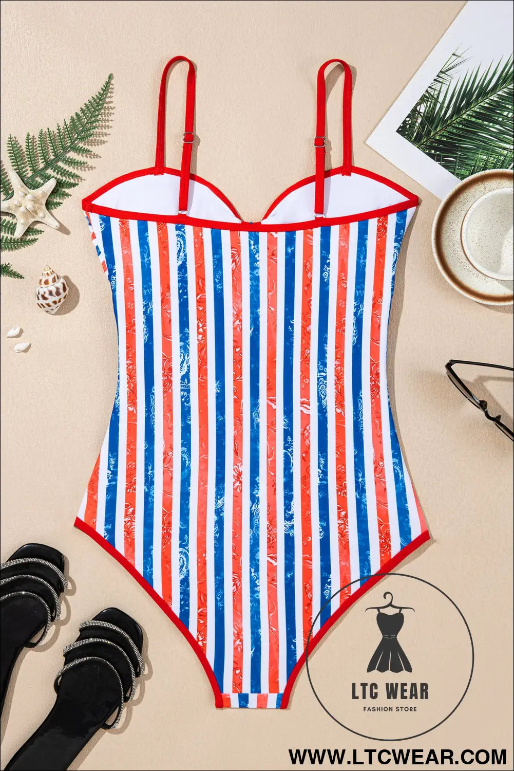 Red July 4th Stripes Star Floral Impression Cutout Spaghetti Straps One Piece Swimsuit - L.T.C Wear Online Fashion Store