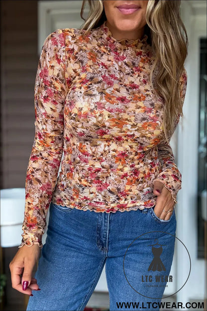 Red Lettuce Trim Floral Print Mesh Long Sleeve Top - L.T.C Wear Online Fashion Store