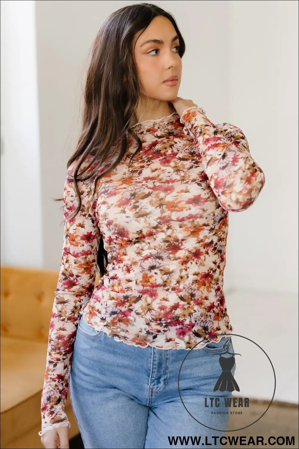 Red Lettuce Trim Floral Print Mesh Long Sleeve Top - L.T.C Wear Online Fashion Store