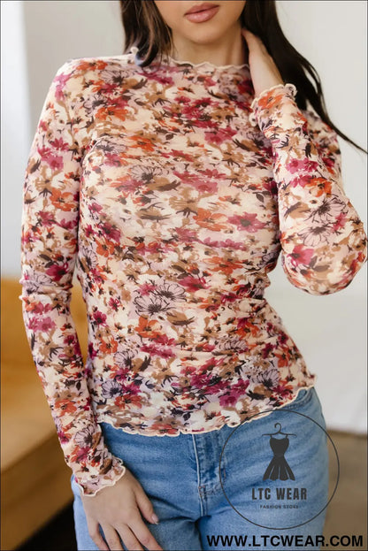 Red Lettuce Trim Floral Print Mesh Long Sleeve Top - L.T.C Wear Online Fashion Store
