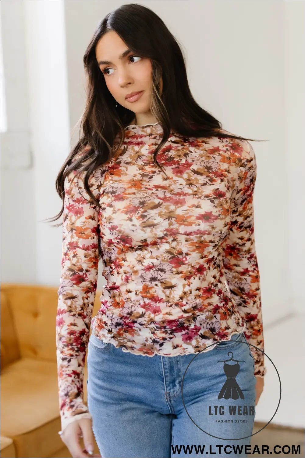Red Lettuce Trim Floral Print Mesh Long Sleeve Top - L.T.C Wear Online Fashion Store