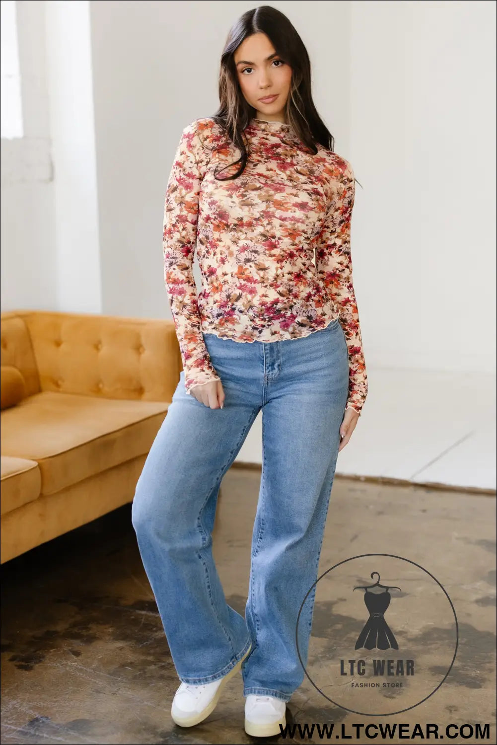 Red Lettuce Trim Floral Print Mesh Long Sleeve Top - L.T.C Wear Online Fashion Store