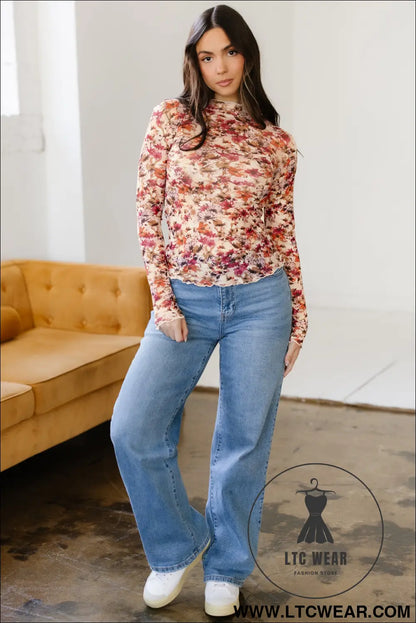 Red Lettuce Trim Floral Print Mesh Long Sleeve Top - L.T.C Wear Online Fashion Store