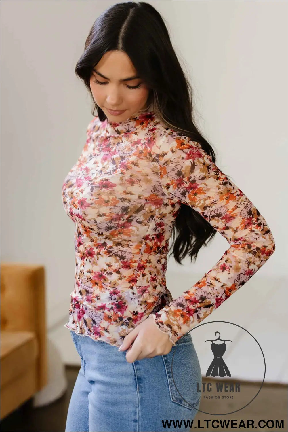 Red Lettuce Trim Floral Print Mesh Long Sleeve Top
