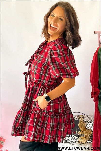 Red Plaid Knot Neck Short Sleeve Mini Shift Dress
