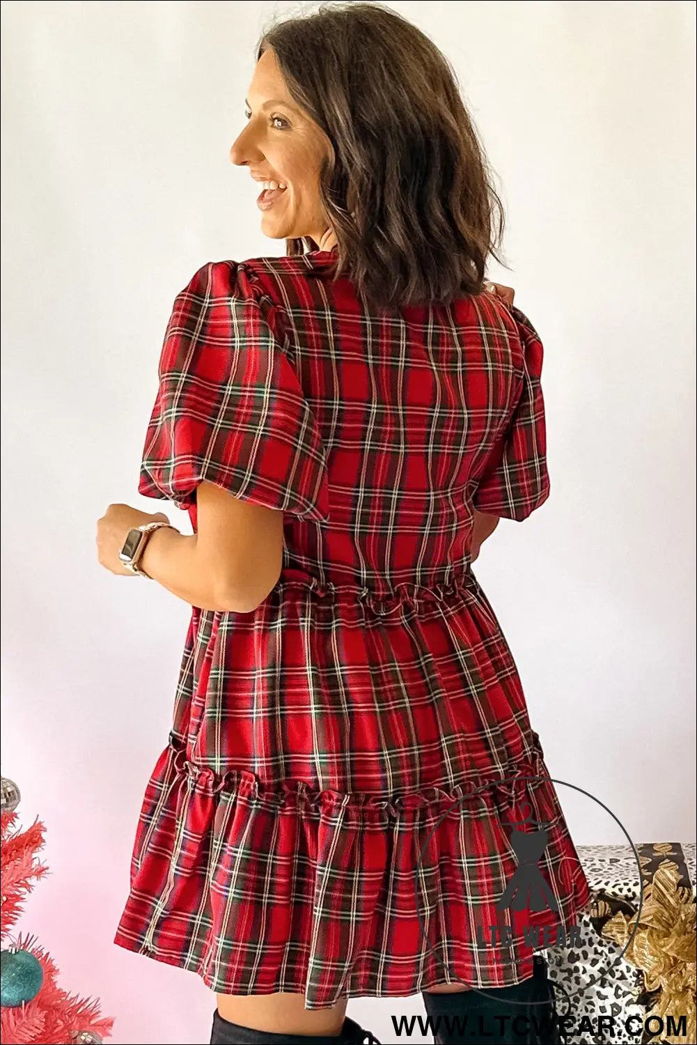 Red Plaid Knot Neck Short Sleeve Mini Shift Dress