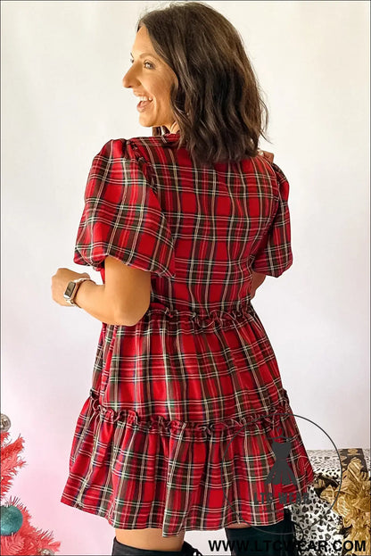 Red Plaid Knot Neck Short Sleeve Mini Shift Dress