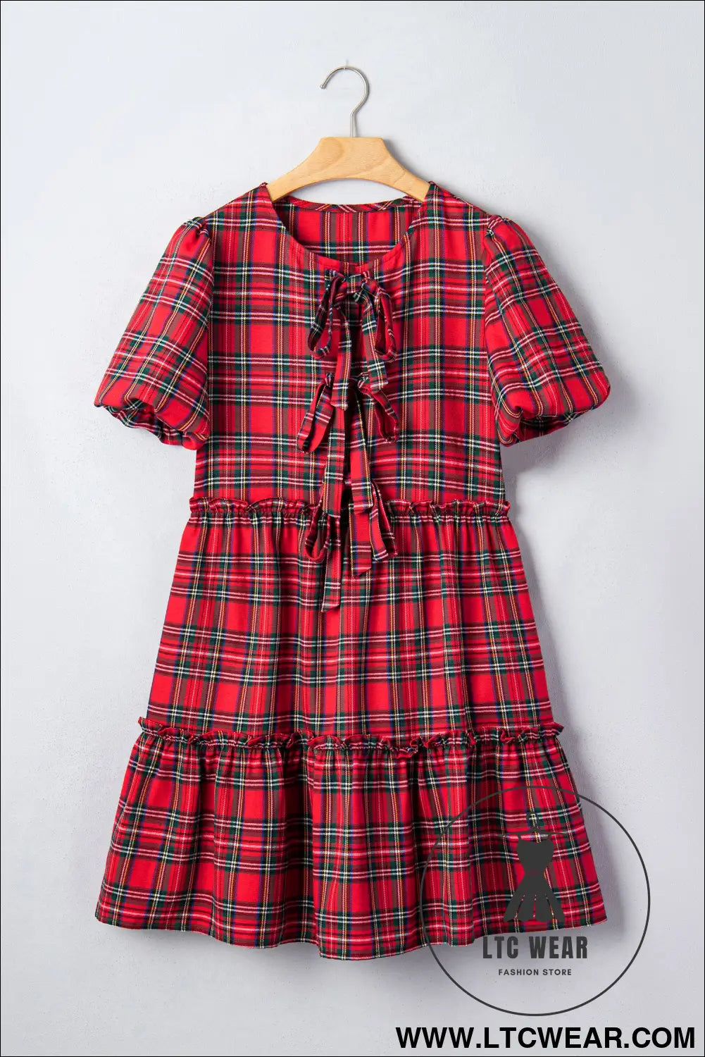 Red Plaid Knot Neck Short Sleeve Mini Shift Dress