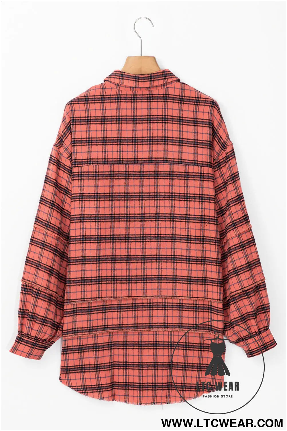 Red plaid long sleeve distressed hem shirt shacket - long sleeve tops