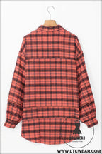 Red plaid long sleeve distressed hem shirt shacket - long sleeve tops