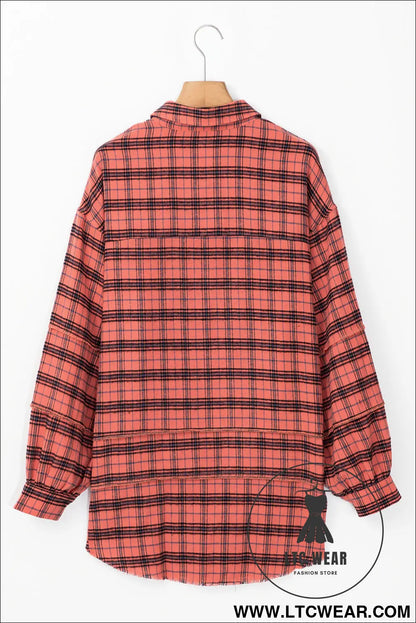 Red plaid long sleeve distressed hem shirt shacket - long sleeve tops