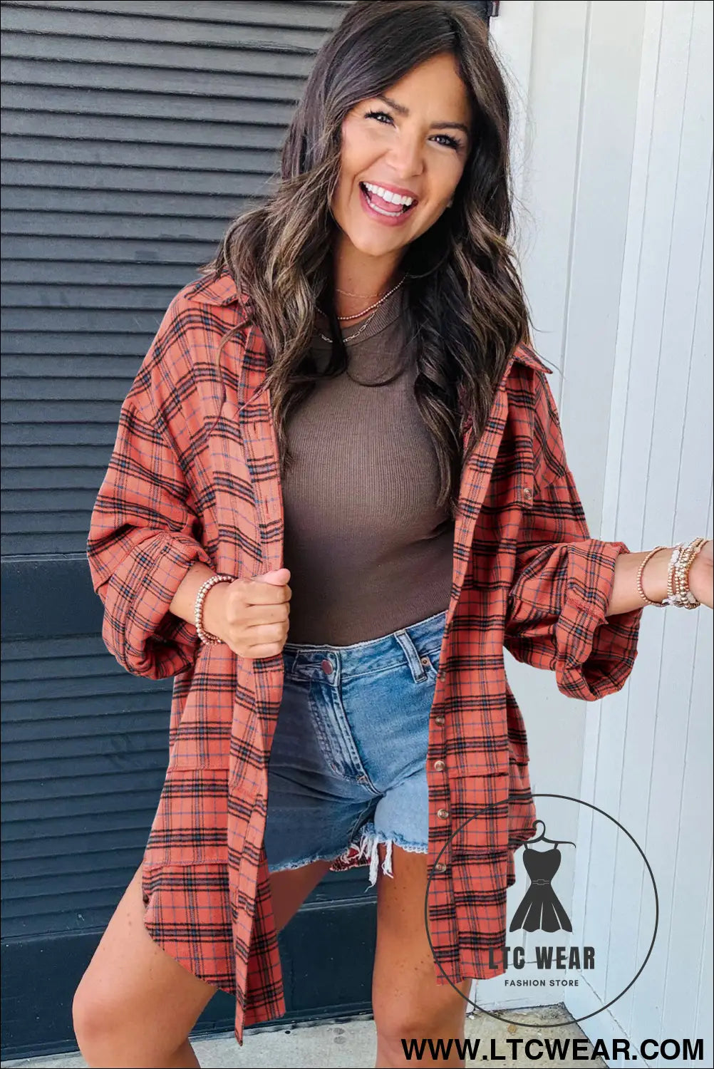 Red plaid long sleeve distressed hem shirt shacket - long sleeve tops