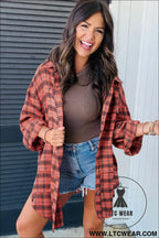 Red plaid long sleeve distressed hem shirt shacket - long sleeve tops